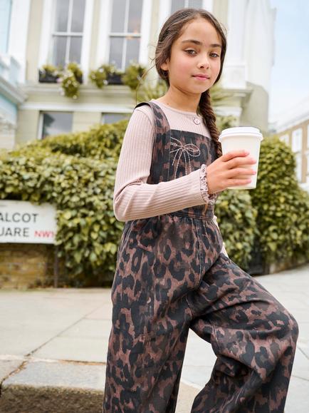 Angel & Rocket Kids' Leopard Print Dungarees, Brown - view 2, Brown