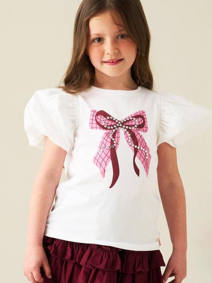 Angel & Rocket Kids' Puff Sleeve Bow Top, White, White