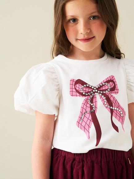 Angel & Rocket Kids' Puff Sleeve Bow Top, White - view 2, White