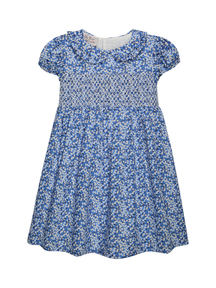 Trotters Kids' Liberty Mitsi Valeria Short Sleeve Dress, Blue/White, Blue/White