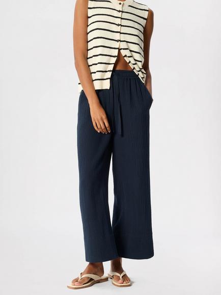 Whistles Cheesecloth Cotton Wide Cropped Trousers, Navy - view 2, Navy