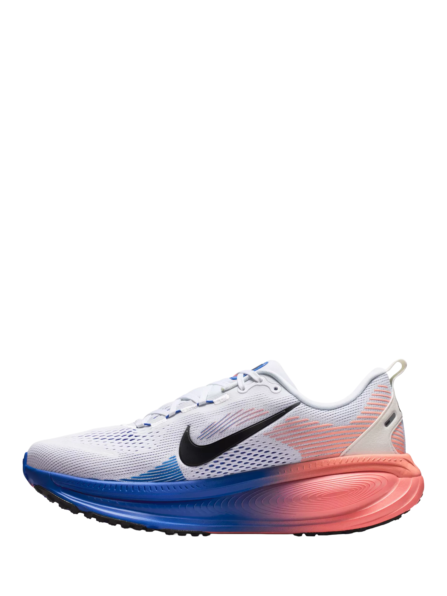 Grey and blue running trainer with black swoosh and coral midsole, lightweight cushioned road shoe side view
