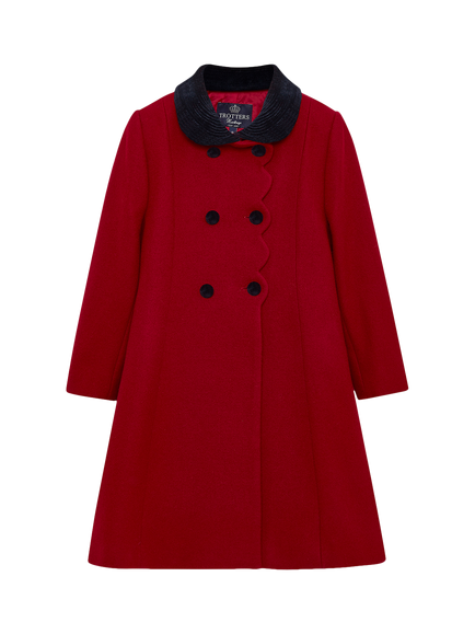 Trotters Kids' Pure Wool Scallop Edge Coat, Red, Red
