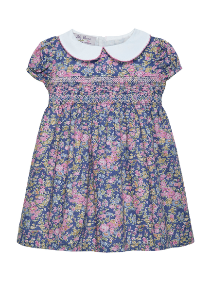 Trotters Baby Liberty Tatum Print Smock Short Sleeve Dress, Blue/Multi, Blue/Multi