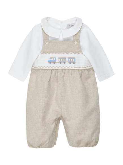 Trotters Baby Train Smocked Dungaree Set, Oatmeal, Oatmeal