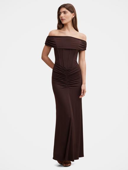 Forever New Ania Ruched Bardot Neck Maxi Dress, Dark Chocolate, Dark Chocolate