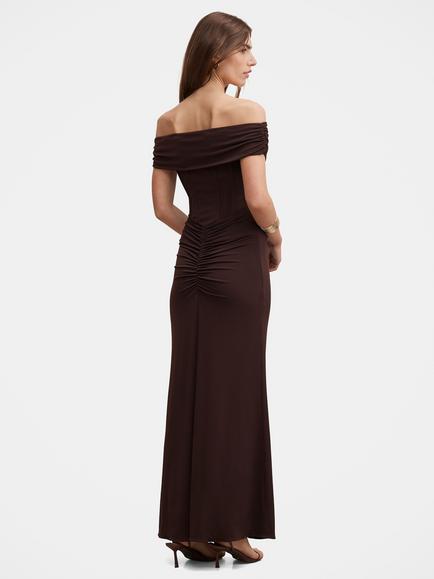 Forever New Ania Ruched Bardot Neck Maxi Dress, Dark Chocolate - view 2, Dark Chocolate