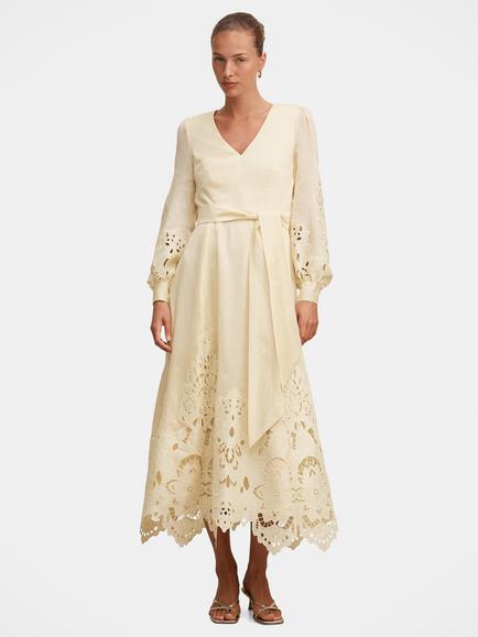 Forever New Ashlee Embroidered Long Sleeve Dress, Soft Yellow, Soft Yellow