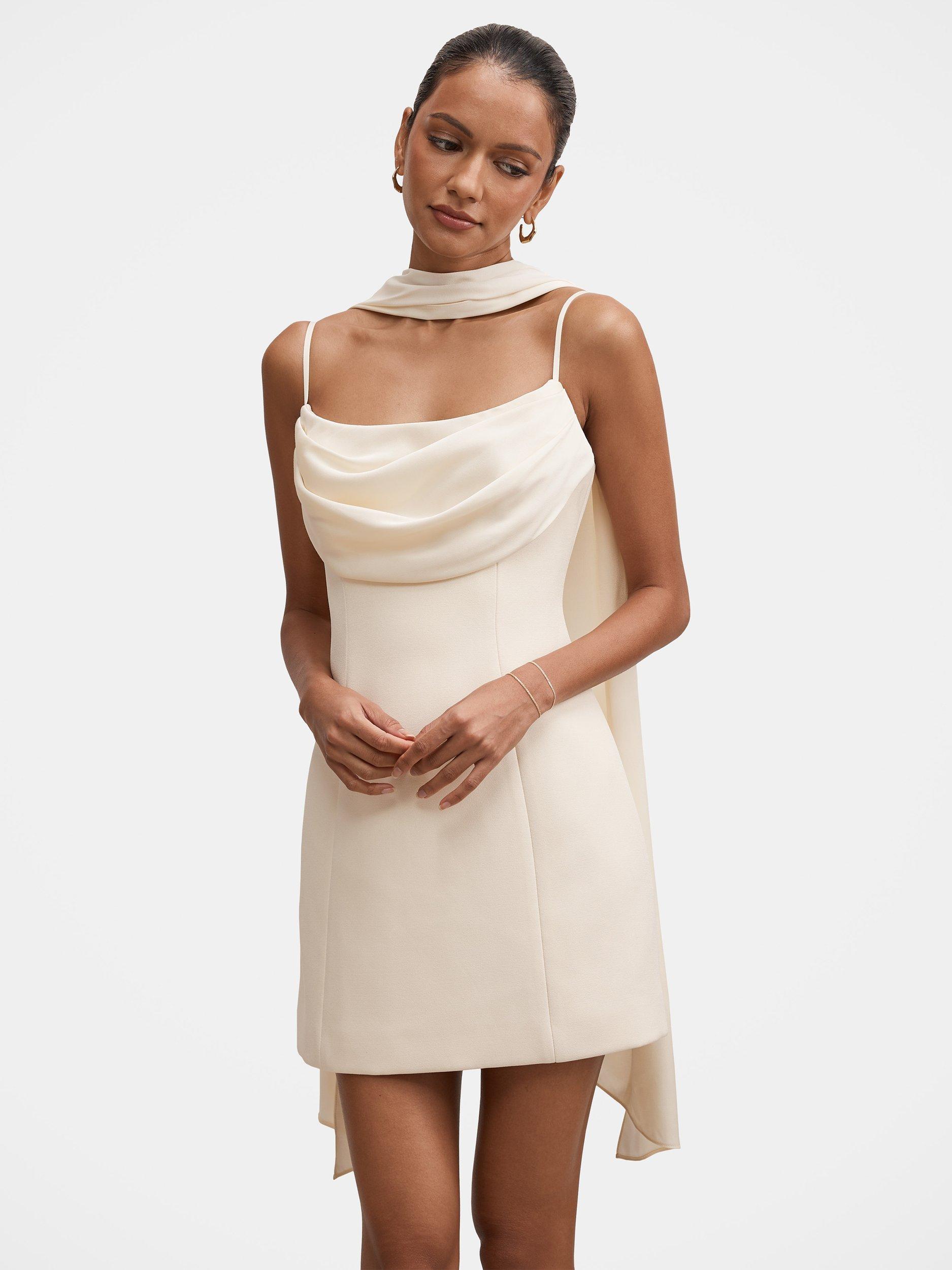 Forever New Darcy Petite Scarf Cowl Neck Mini Dress, Cannoli Cream