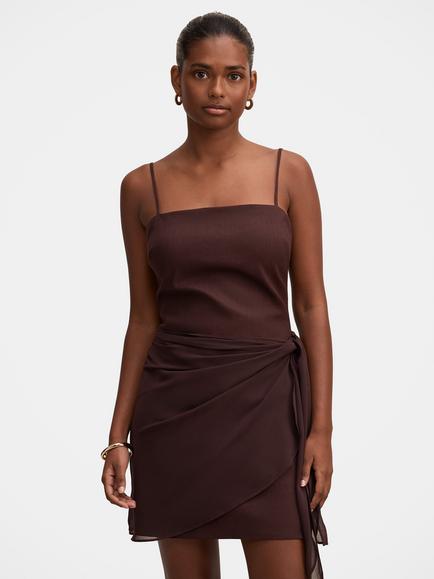 Forever New Sienna Petite Linen Blend Sarong Mini Dress, Chocolate, Chocolate