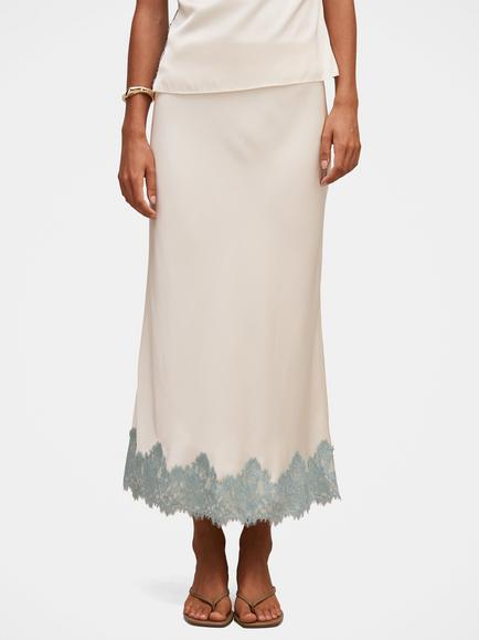 Forever New Adele A-Line Lace Trim Midi Skirt, Champagne/Blue, Champagne/Blue