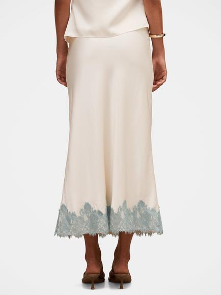 Forever New Adele A-Line Lace Trim Midi Skirt, Champagne/Blue - view 2, Champagne/Blue
