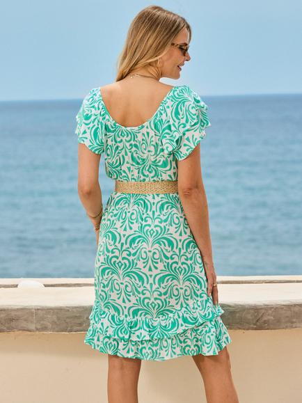 Sosandar Paisley Print Rattan Belted Knee Length Dress, Green/White - view 2, Green/White