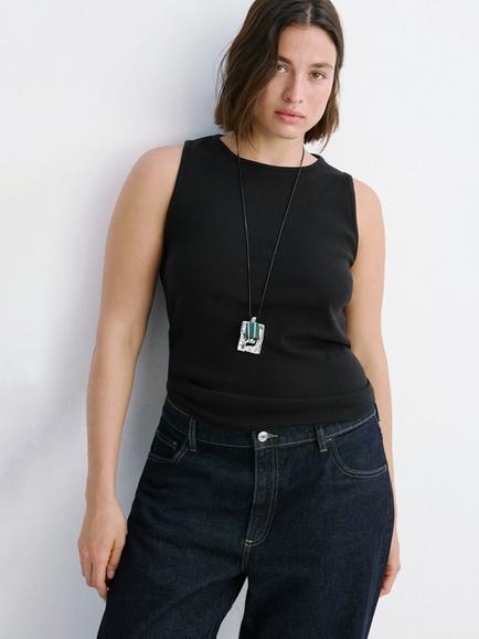 Mango Sculpted Ribbed Tank Top, Black, Black