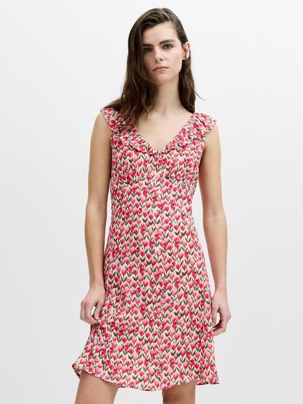French Connection Tula Frill V-Neck Tea Dress, Pink/Multi, Pink/Multi