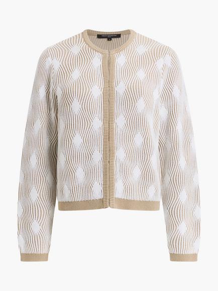 French Connection Pheby Wave Jacquard Knitted Cardigan, Winter White/Incense, Winter White/Incense