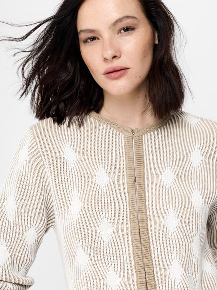 French Connection Pheby Wave Jacquard Knitted Cardigan, Winter White/Incense - view 2, Winter White/Incense