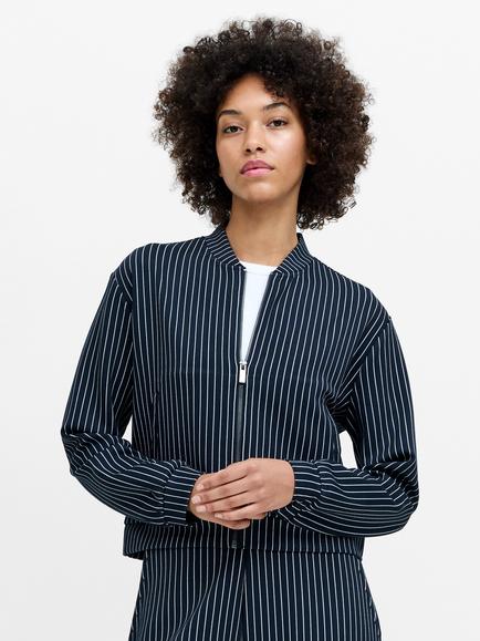 French Connection Wren Pinstripe Bomber Jacket, New Navy/ Linen White, New Navy/Linen White
