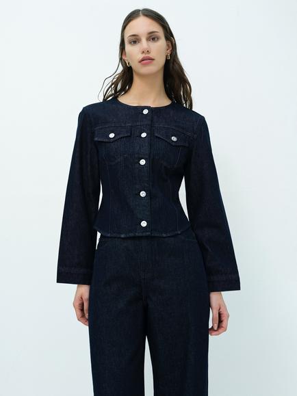 French Connection Misa Collarless Fitted Dark Wash Denim Jacket, Raw Indigo, Raw Indigo