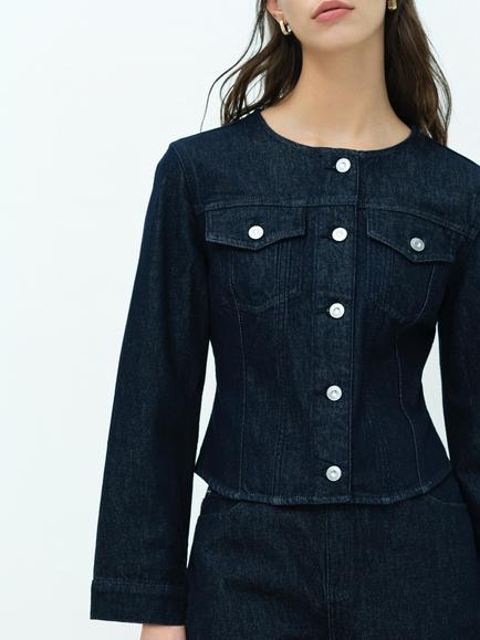 French Connection Misa Collarless Fitted Dark Wash Denim Jacket, Raw Indigo - view 2, Raw Indigo