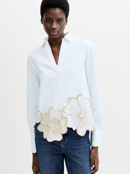 French Connection Alexis Floral Embroidered Hem Shirt, Linen White/Neutral, Linen White/ Neutral