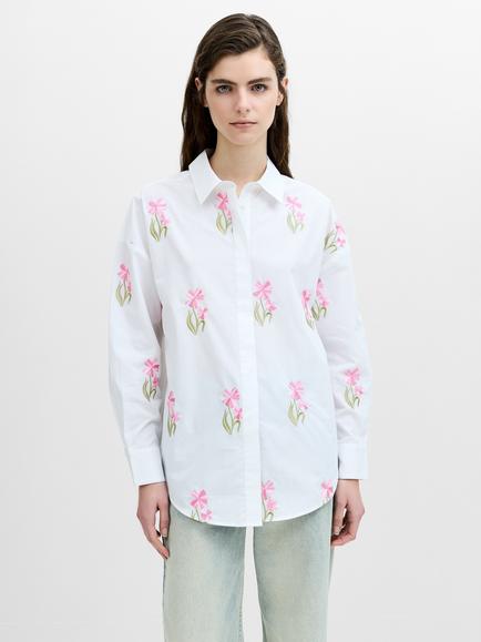 French Connection Cambria Cotton Embroidered Floral Shirt, Linen White, Linen White
