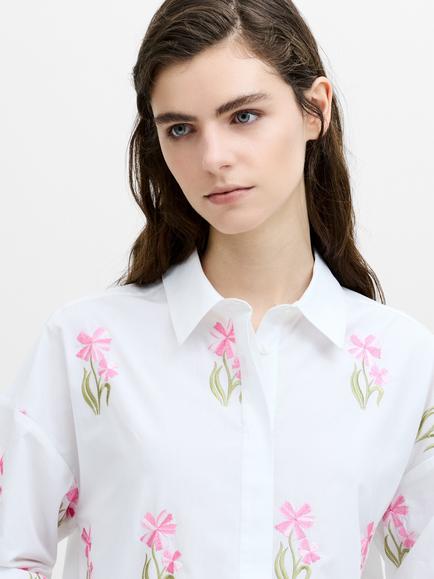French Connection Cambria Cotton Embroidered Floral Shirt, Linen White - view 2, Linen White