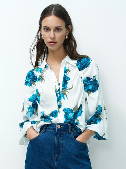 French Connection Lara Floral Print Crinkle Raglan Sleeve Blouse, White/Multi, White/Multi