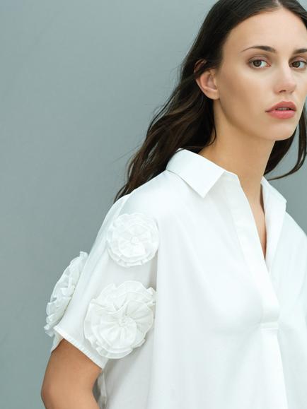 French Connection Sindey 3D Floral Sleeve Popover Shirt, Winter White - view 2, Winter White