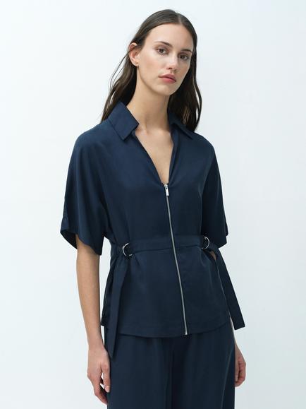 French Connection Yassie Utility Zip Front Tie Waist Shirt, New Navy, New Navy