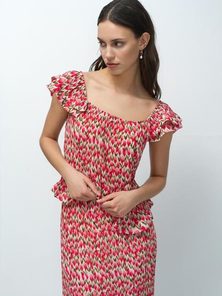 French Connection Noelle Floral Plisse Ruffle Peplum Top, Pink/Multi, Pink/Multi