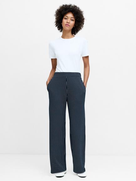 French Connection Wren Pinstripe Wide Leg Trousers, Navy/White, Navy/White