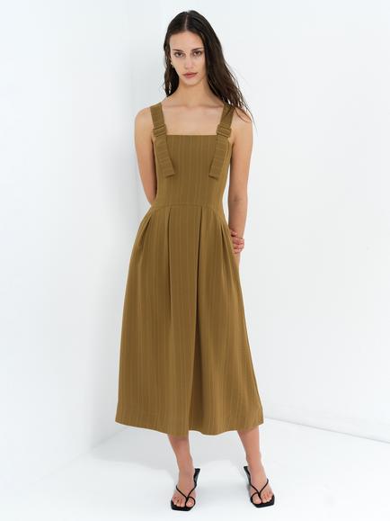 French Connection Erma Pinstripe Buckle Strap Midi Dress, Olive Khaki, Olive Khaki