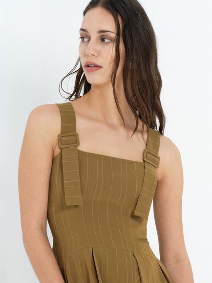 French Connection Erma Pinstripe Buckle Strap Midi Dress, Olive Khaki - view 2, Olive Khaki