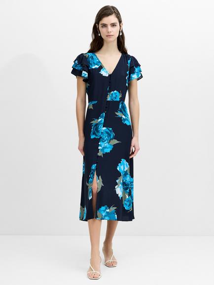 French Connection Lara Floral Print Midi Dress, Navy/Pacific Blue, Navy/Pacific Blue