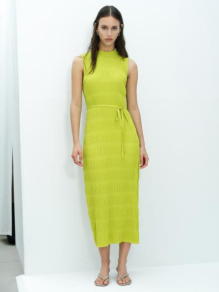 French Connection Reese Plisse Tie Waist Sleeveless Midi Dress, Kiwi Green, Kiwi Green