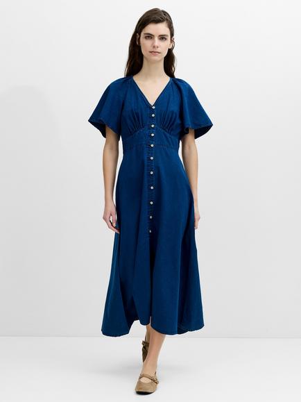 French Connection Zaves Chambray Flutter Sleeve Midi Dress, Mid Wash, Mid Wash