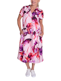 chesca Tropical Leaf Print Shirt Dress, Pink/Fuchsia, Pink/Fuchsia