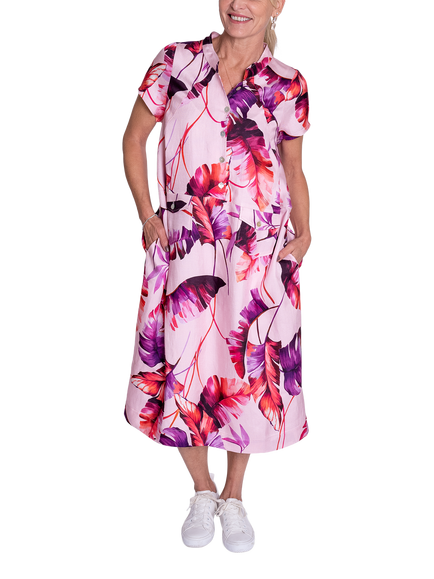 chesca Tropical Leaf Print Shirt Dress, Pink/Fuchsia, Pink/Fuchsia