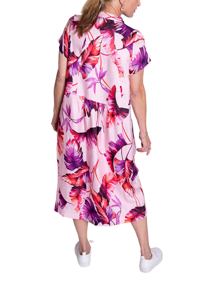 chesca Tropical Leaf Print Shirt Dress, Pink/Fuchsia - view 2, Pink/Fuchsia