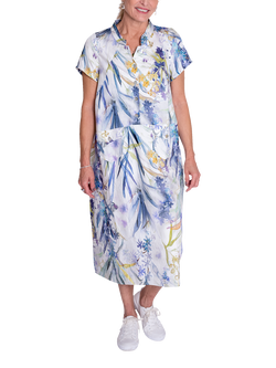chesca Floral Meadow Print Collarless Midi Dress, White/Blue, White/Blue