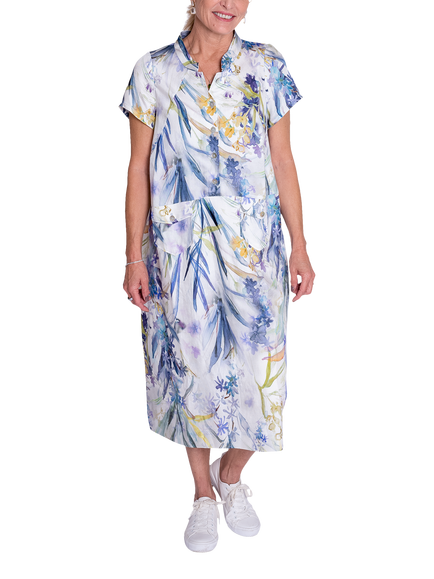 chesca Floral Meadow Print Collarless Midi Dress, White/Blue, White/Blue