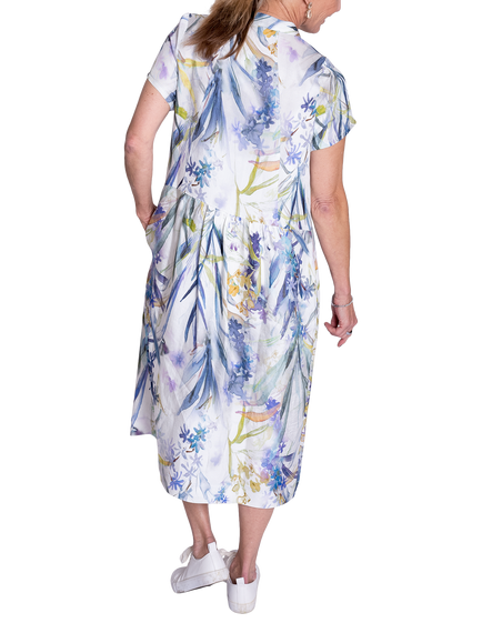 chesca Floral Meadow Print Collarless Midi Dress, White/Blue - view 2, White/Blue