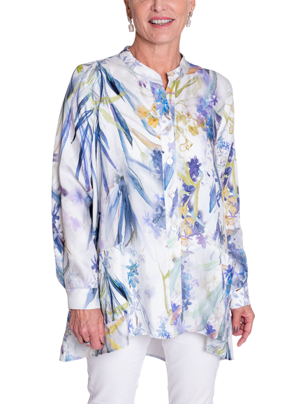 chesca Floral Meadow Print Long Sleeve Blouse, White/Blue, White/Blue