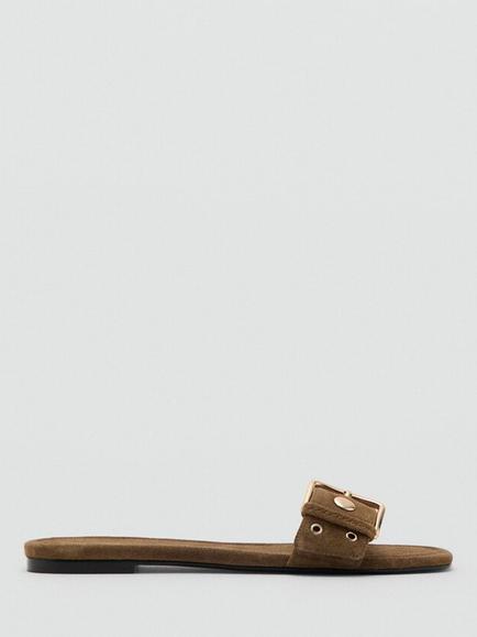 Mango Suede Oversized Buckle Slider Sandals, Sand, Sand