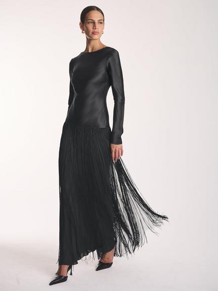 Amanda Wakeley V-Back Fringed Maxi Dress, Black, Black