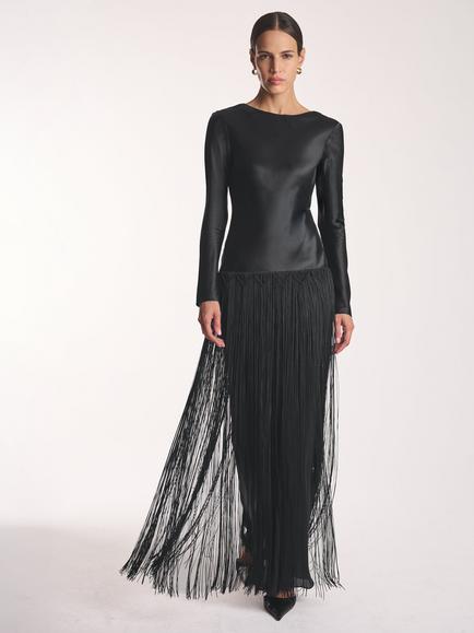 Amanda Wakeley V-Back Fringed Maxi Dress, Black - view 2, Black