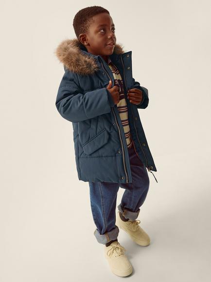 Monsoon Kids' Mid-Length Hooded Puffer Coat, Navy - view 2, Navy