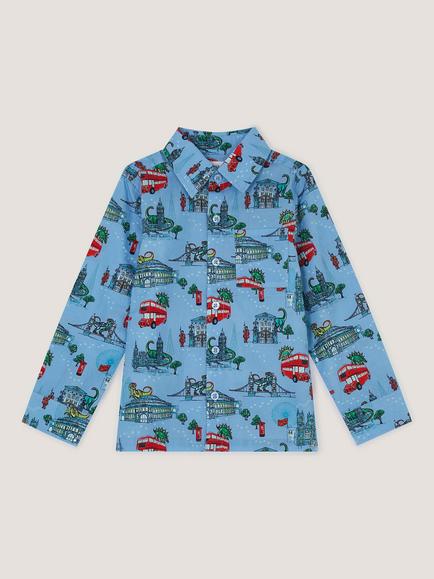 Monsoon Kids' Pure Cotton Long Sleeve London Print Shirt, Blue, Blue