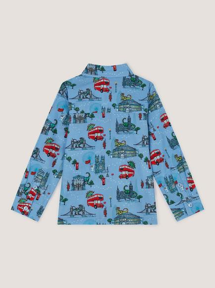 Monsoon Kids' Pure Cotton Long Sleeve London Print Shirt, Blue - view 2, Blue